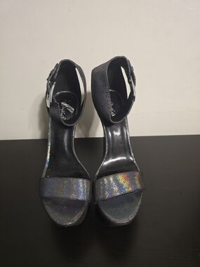 Qupid Holographic Black Ankle-Strap Women's Heels